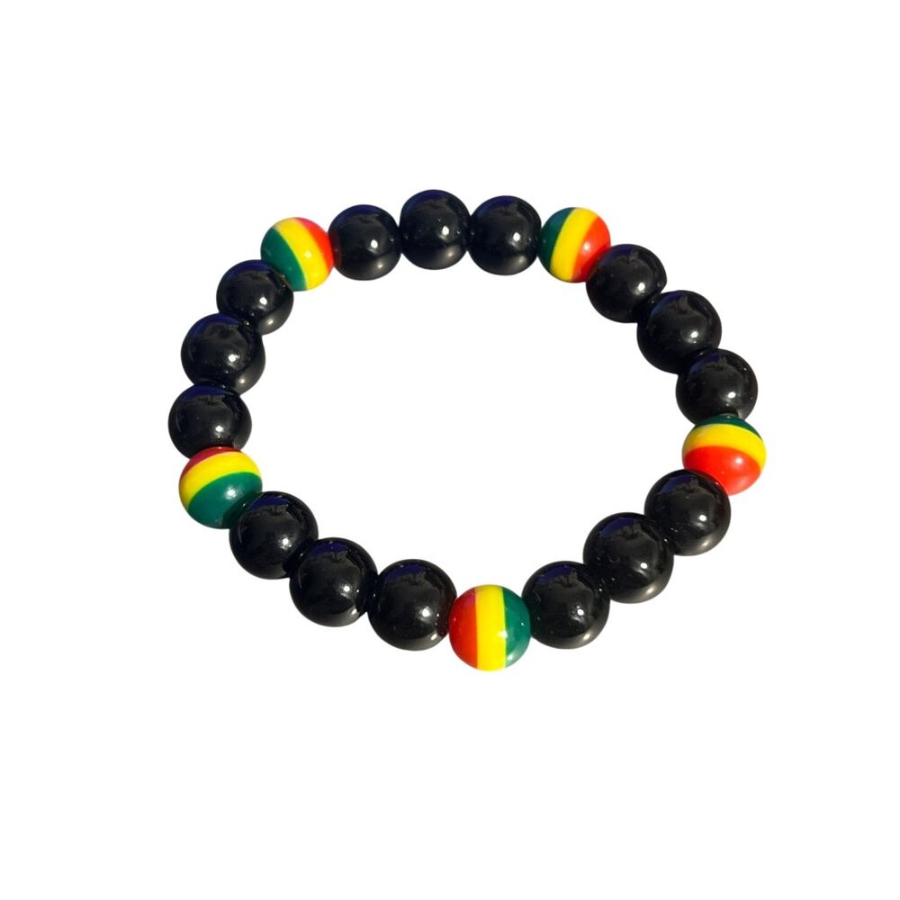 Glass Bead Rasta Stretch Bracelet Black Red Yellow Green 22.20g Sitting at 6"